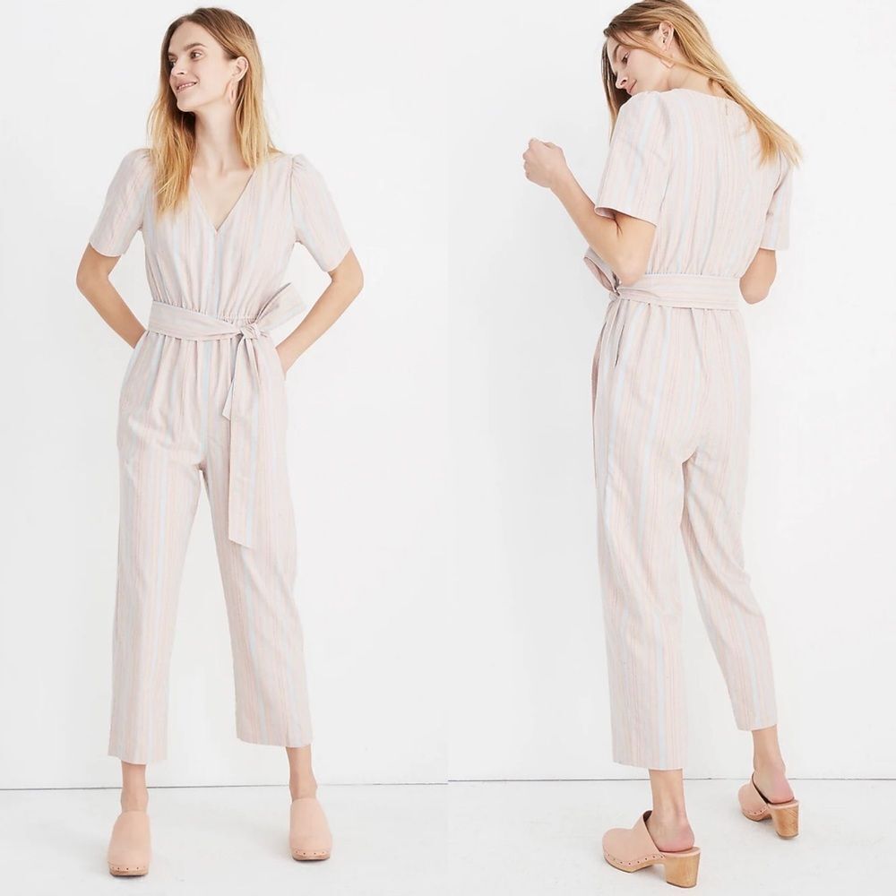 Madewell puff sleeve striped jumpsuit women’s size 12